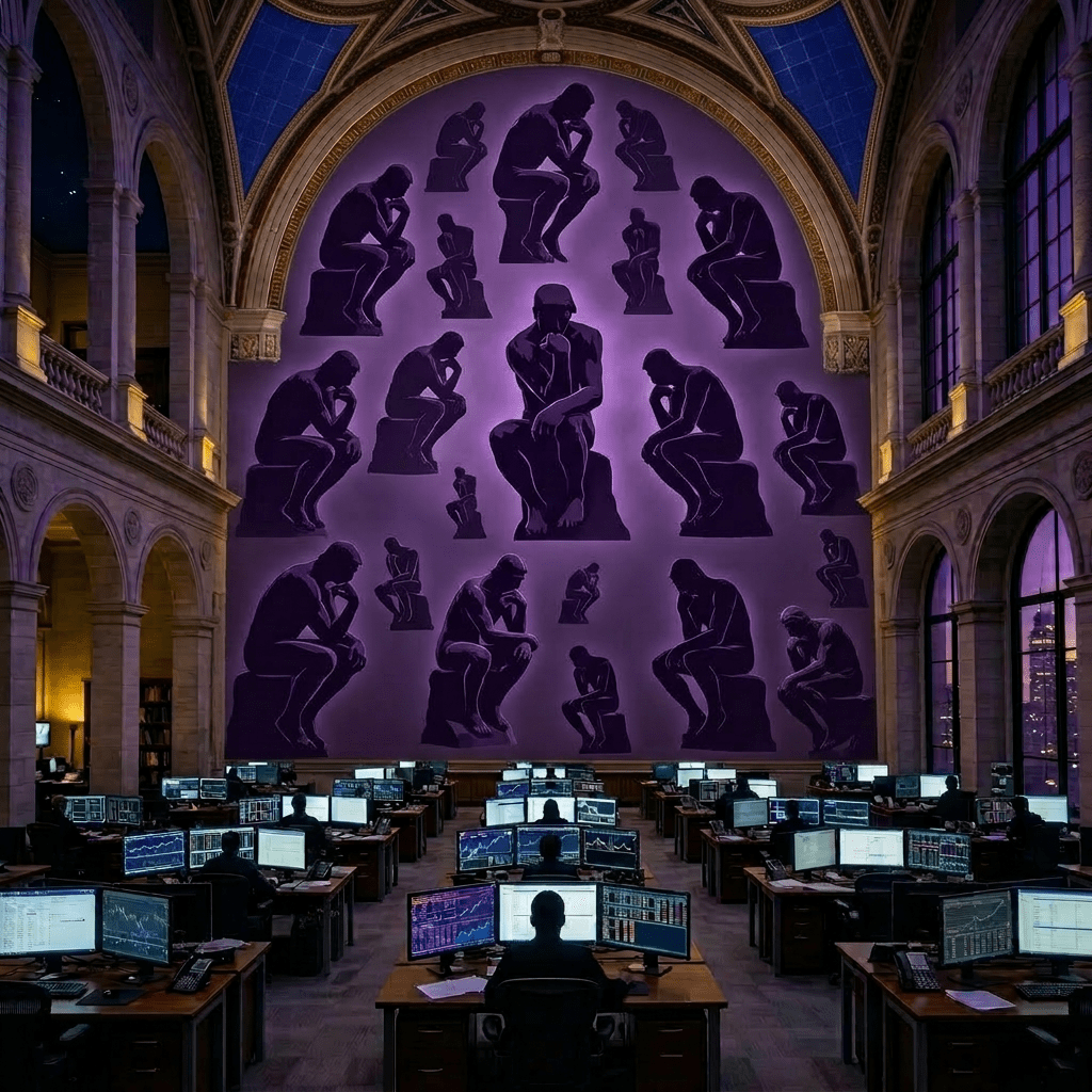 Trader working at desk with multiple monitors showing financial data beneath classical mural